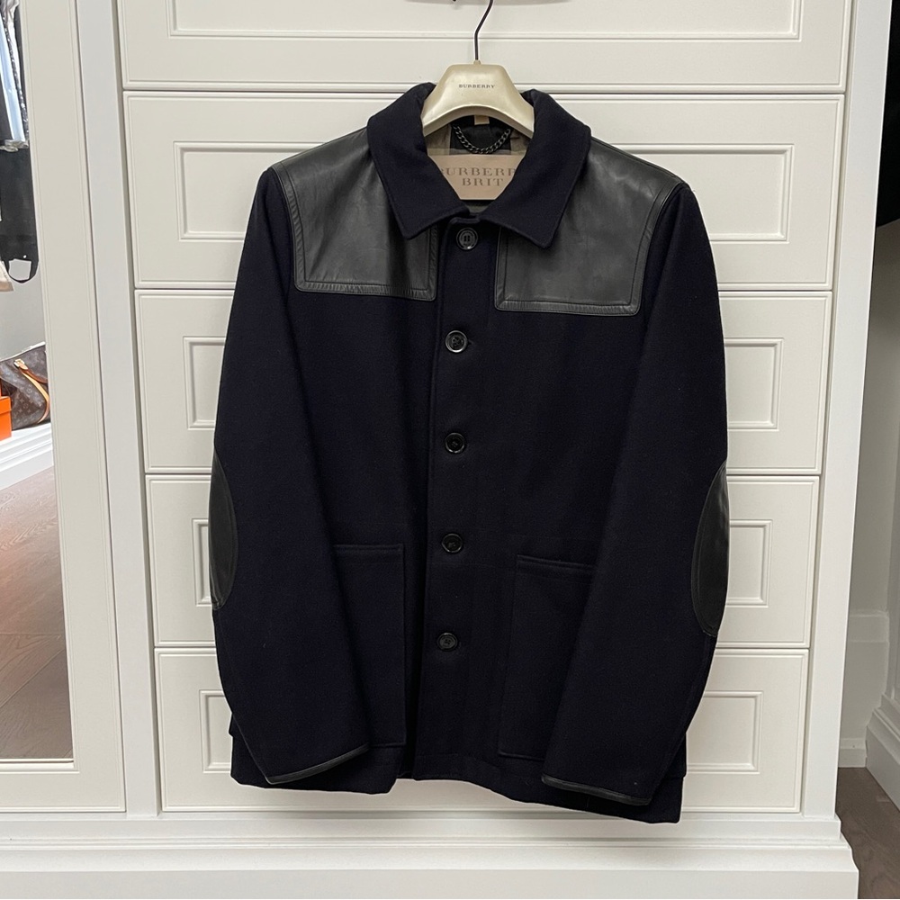 BURBERRY BRIT Men's Wool Leather Jacket Size XXL Navy